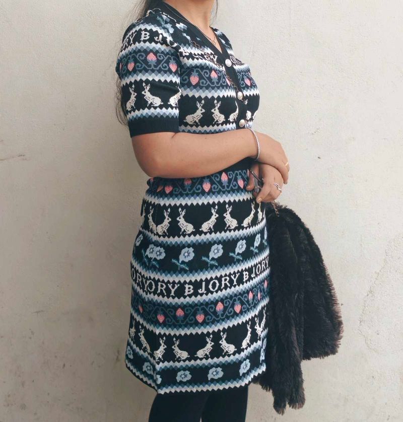 Cute Bunny Print Knit Dress