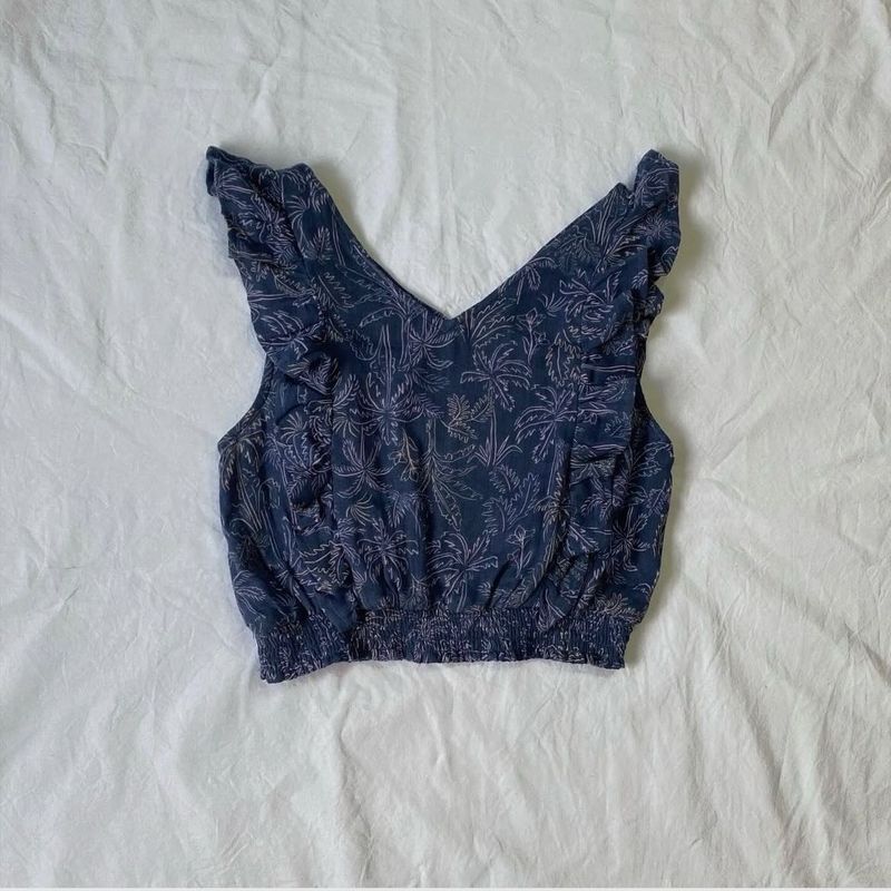 Blue Tropical Print Ruffle Top