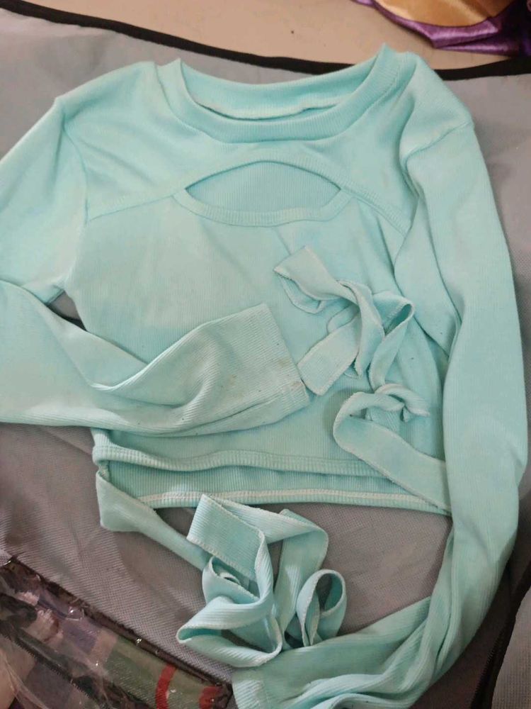 Aqua Blue Cut-Out Tie-Waist Top