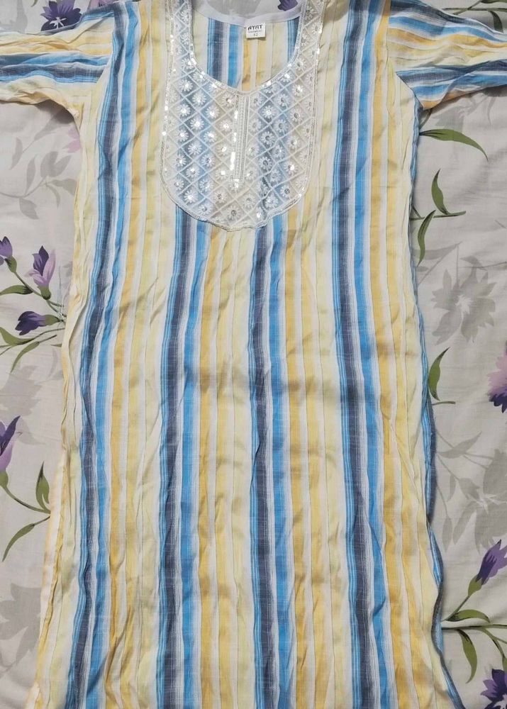 Striped Kurta with Embellished Neckline