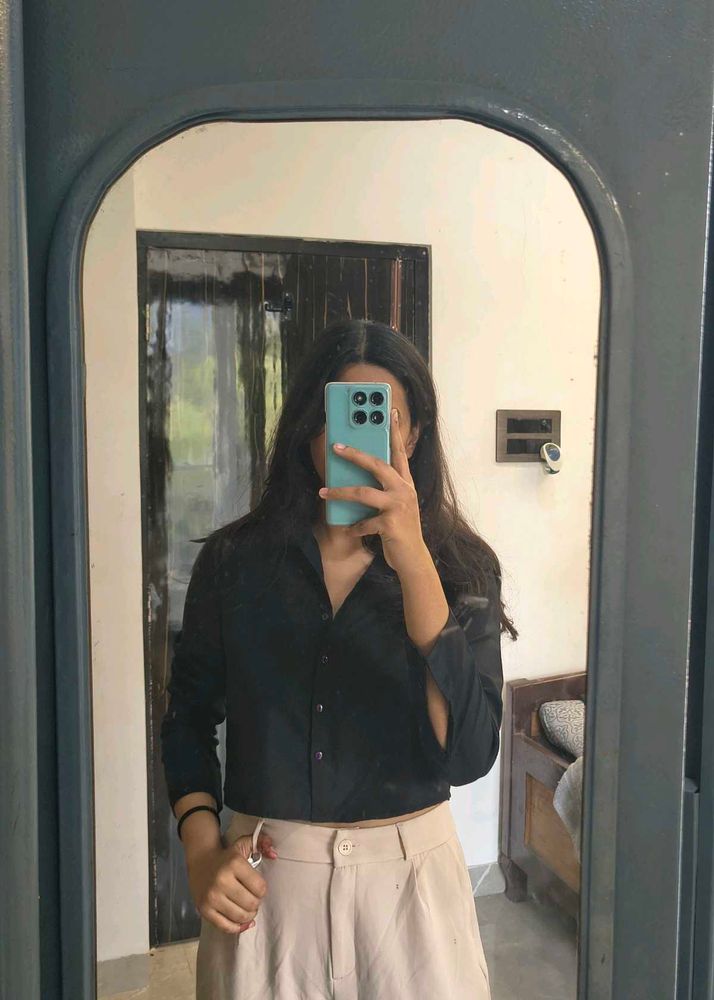 Black Crop Top Button-Down Shirt