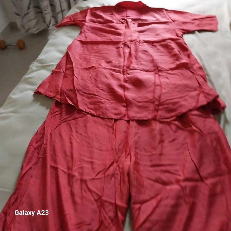 Coral Red Ethnic Kurta Set with Palazzo Pants