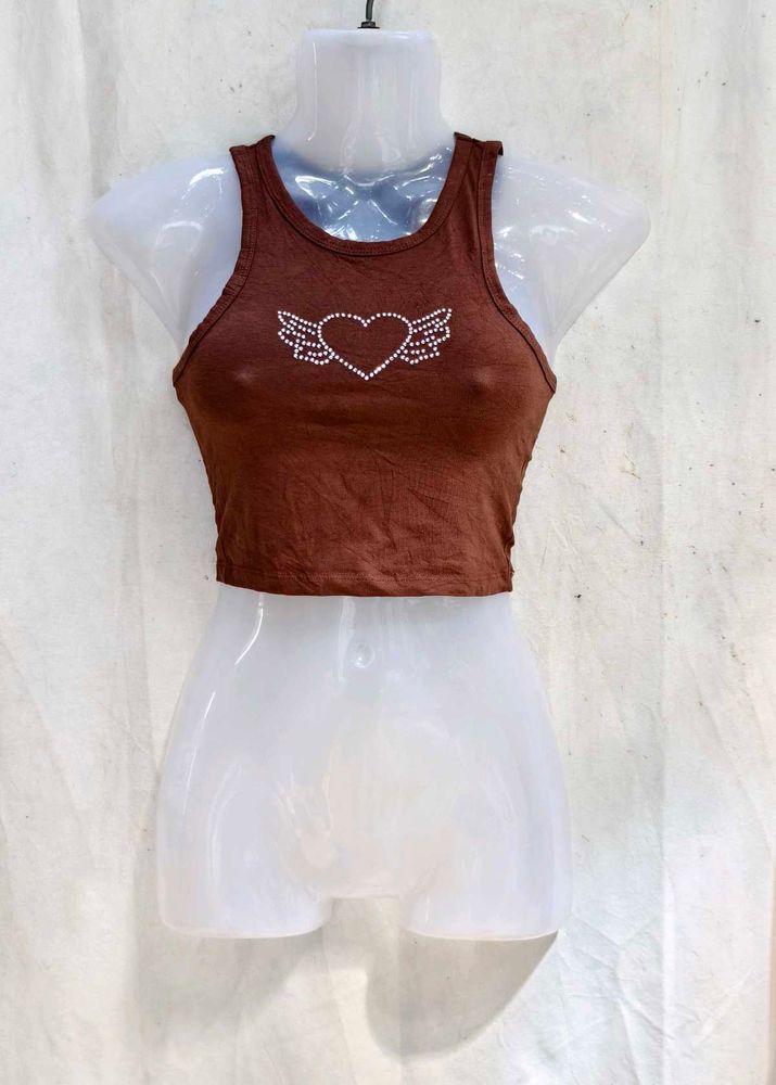 20279. Brown Crop Top with Rhinestone Wings Heart