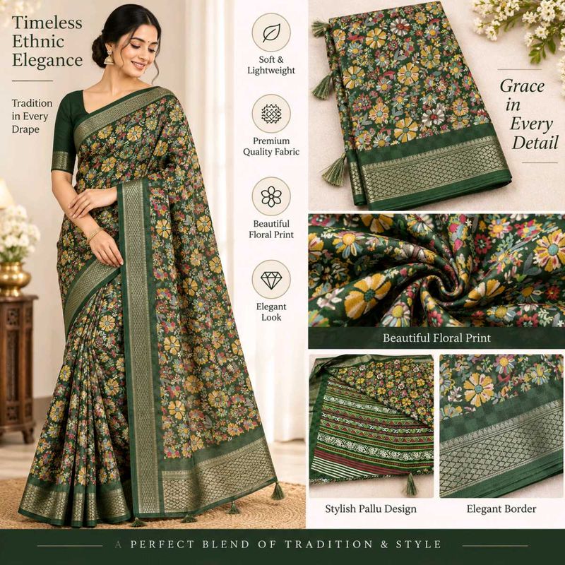 Elegant Floral Print Saree 💝🔥