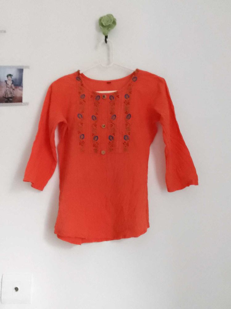 Orange Kurti with Embroidery