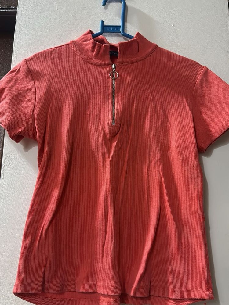 Coral Zip Neck T-Shirt