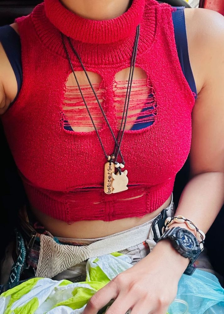 Red Distressed Knit Crop Top