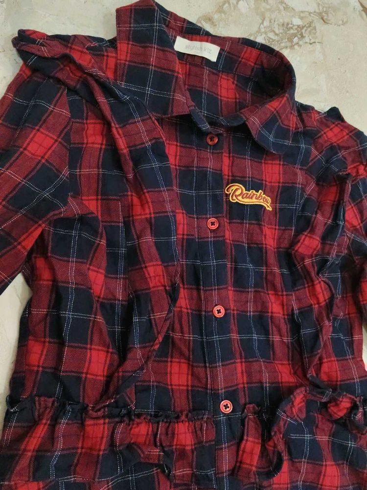 Red Plaid Button-Up Shirt with "Rainbow" Detail