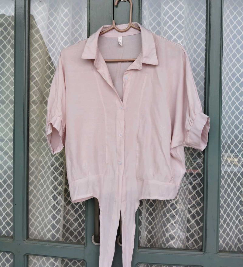 Light Pink Tie-Front Collared Shirt