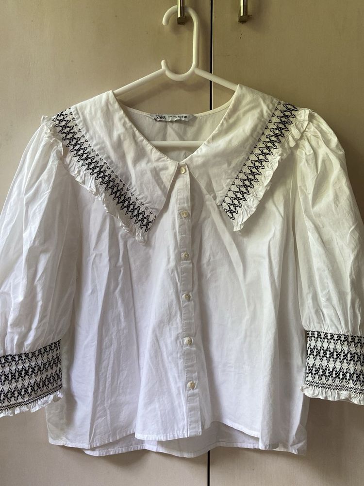 White Blouse with Embroidered Collar &amp; Cuffs
