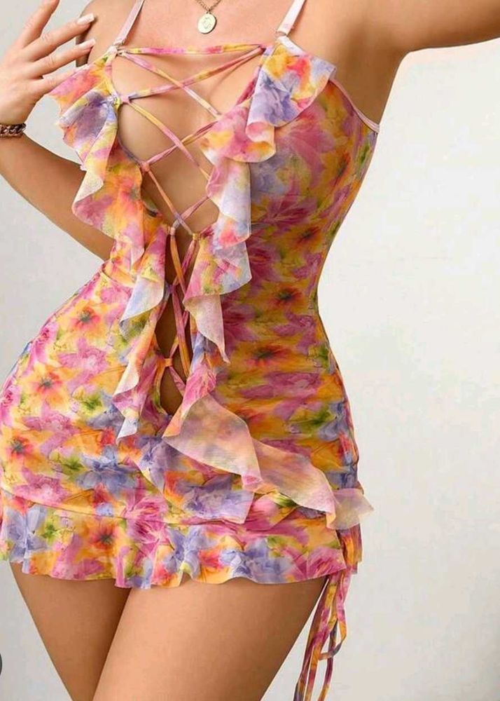 Floral Lace-Up Ruffle Mini Dress