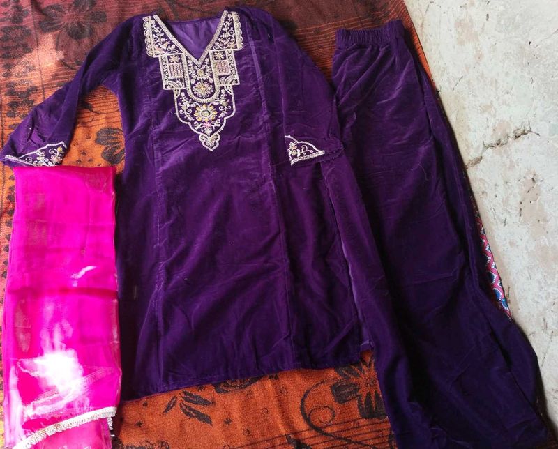 women purple velvet kurti pant dupatta set