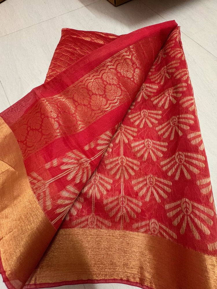 Vibrant Red Saree with Golden Border