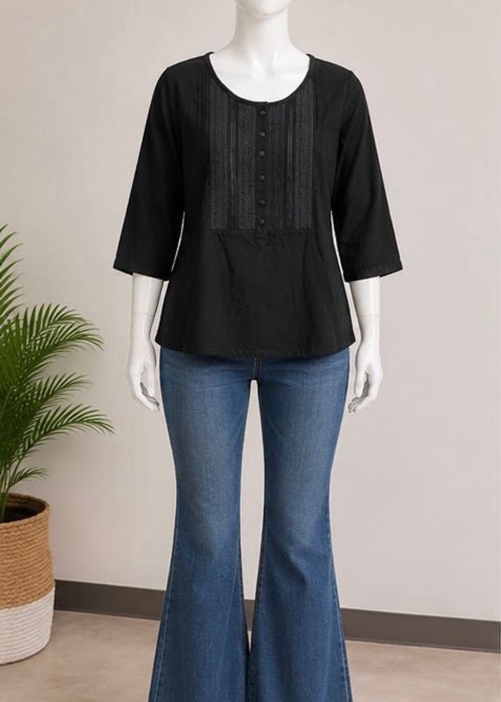 Black Embroidered Button-Up kurti Top