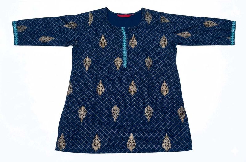 Navy Blue Kurta with Golden Leaf Print