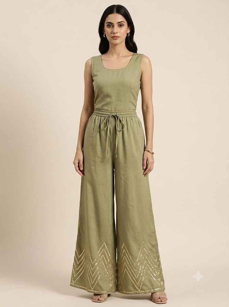 Festive Olive Green Wide-Leg Trousers with Gold Ch