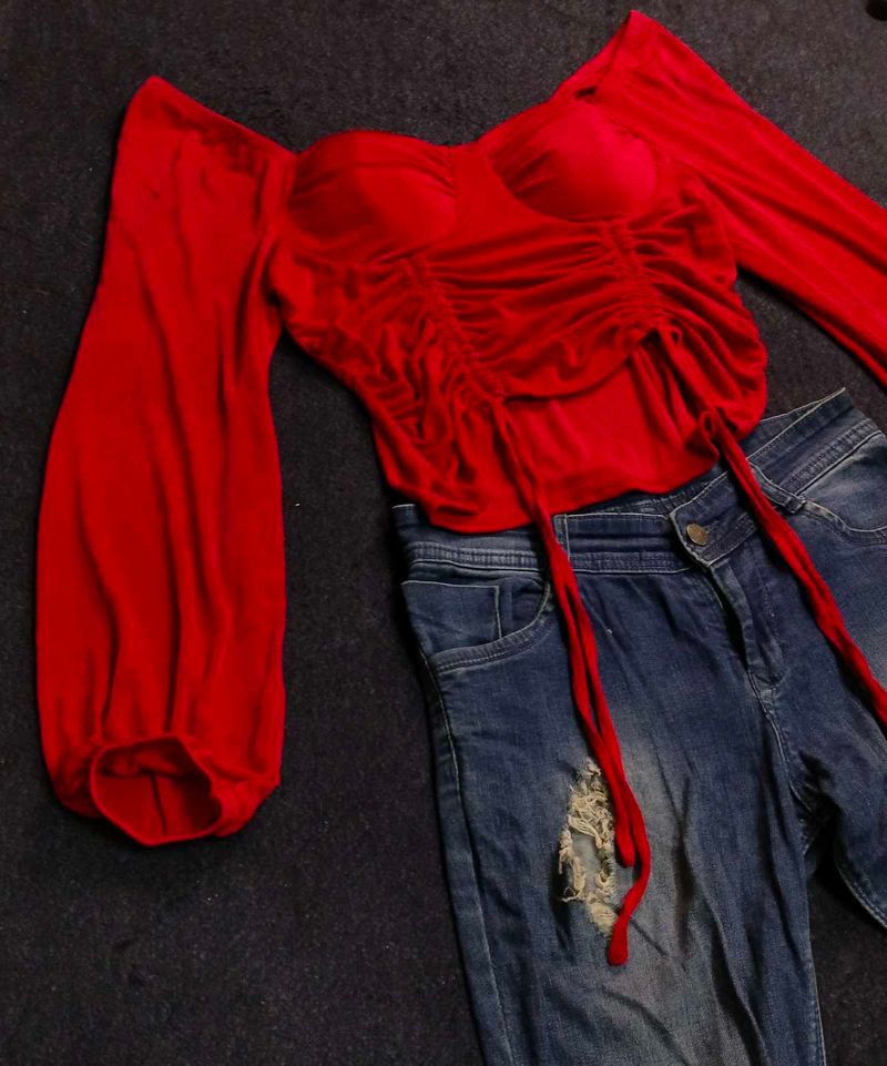 Red Ruched Off-Shoulder Top