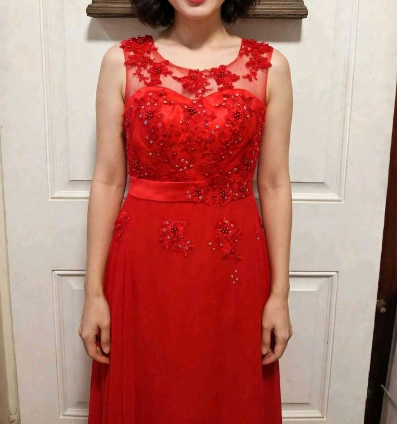 red chiffon gown