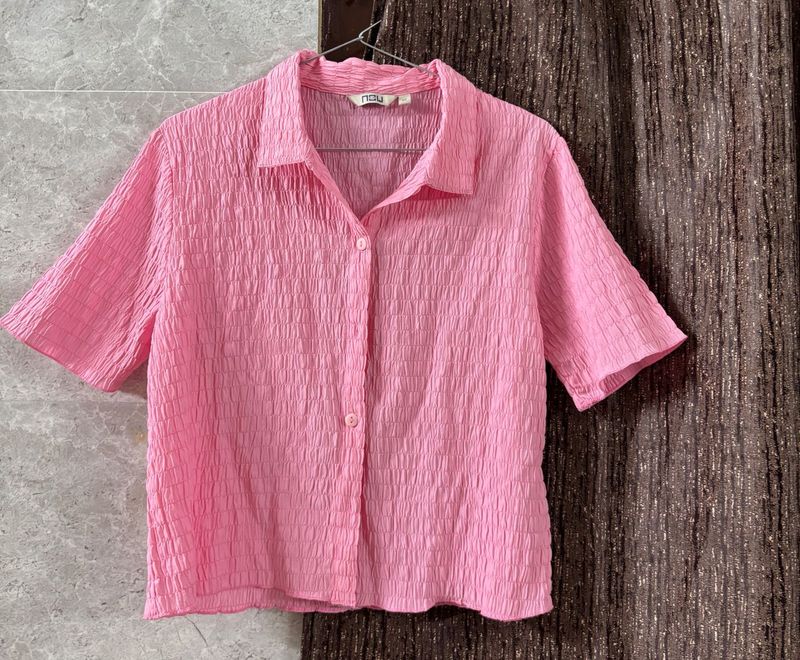 Crinkle Texture Short Sleeve Button-Up Top