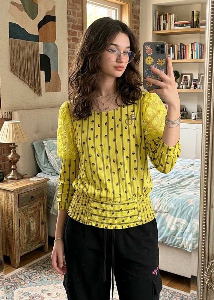 Yellow Striped Lace Sleeve Top