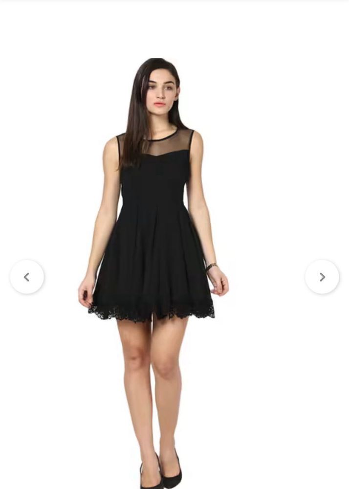 Chic Black Lace Trimmed Sheer Neck Dress