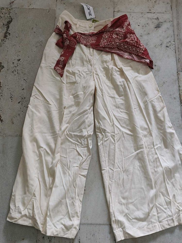 Cream Wide Leg Pants with Red Scarf Belt