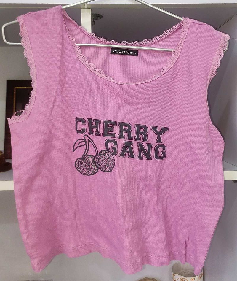 Pink "Cherry Gang" Graphic Crop Top