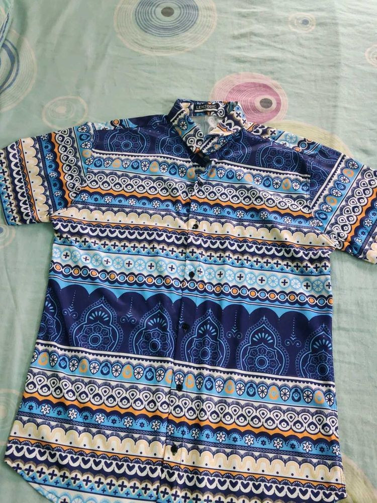 Men's Blue Geometric Print Short Sleeve Shirt