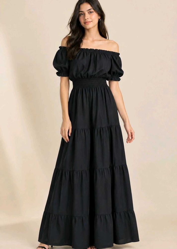Black Off-Shoulder Tiered Dress