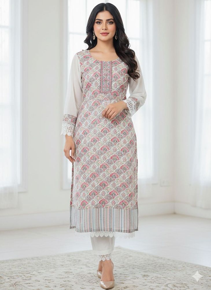 Elegant Printed Kurta Set with Delicate Lace