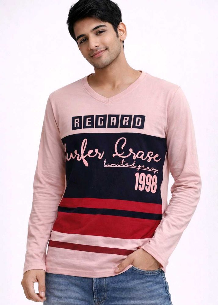 Men's Pink V-Neck Long Sleeve Graphic T-Shirt