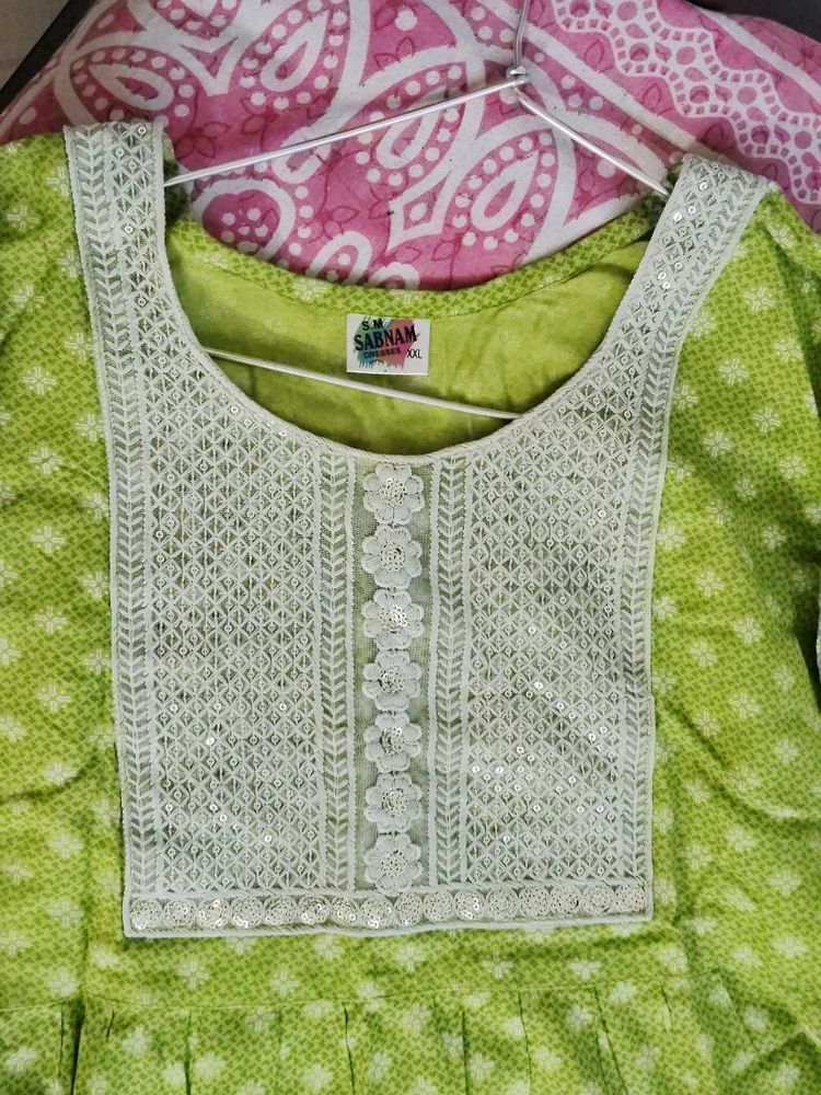 108. Lime Green Kurta with White Embellishments