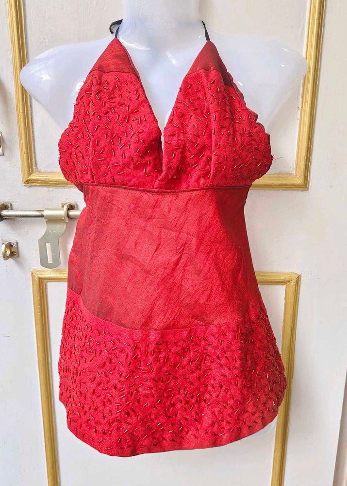chatpata Red Beaded Halter Top