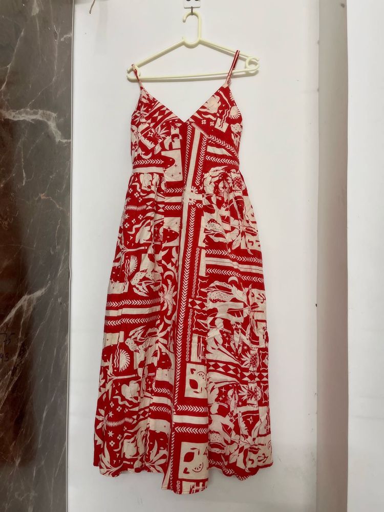 Boho Red &amp; White Print Midi Dress