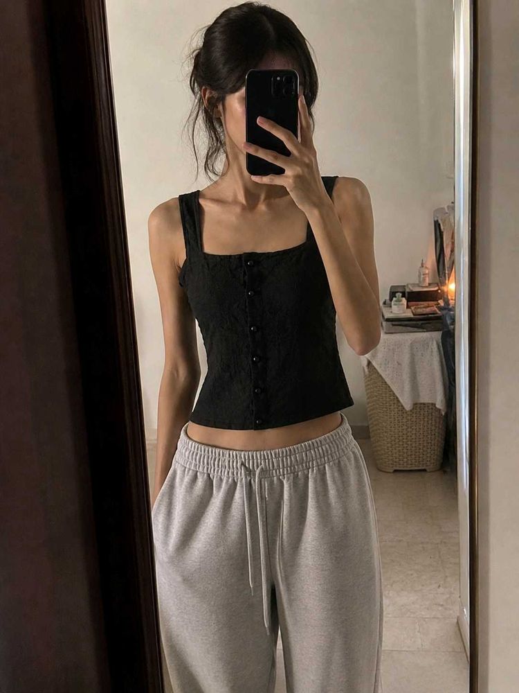 Black Lace Square Neck Tank Top