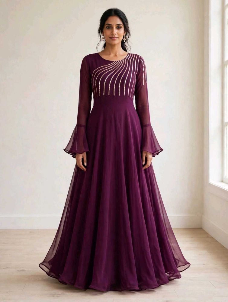 Elegant Purple Gown with Bell Sleeves