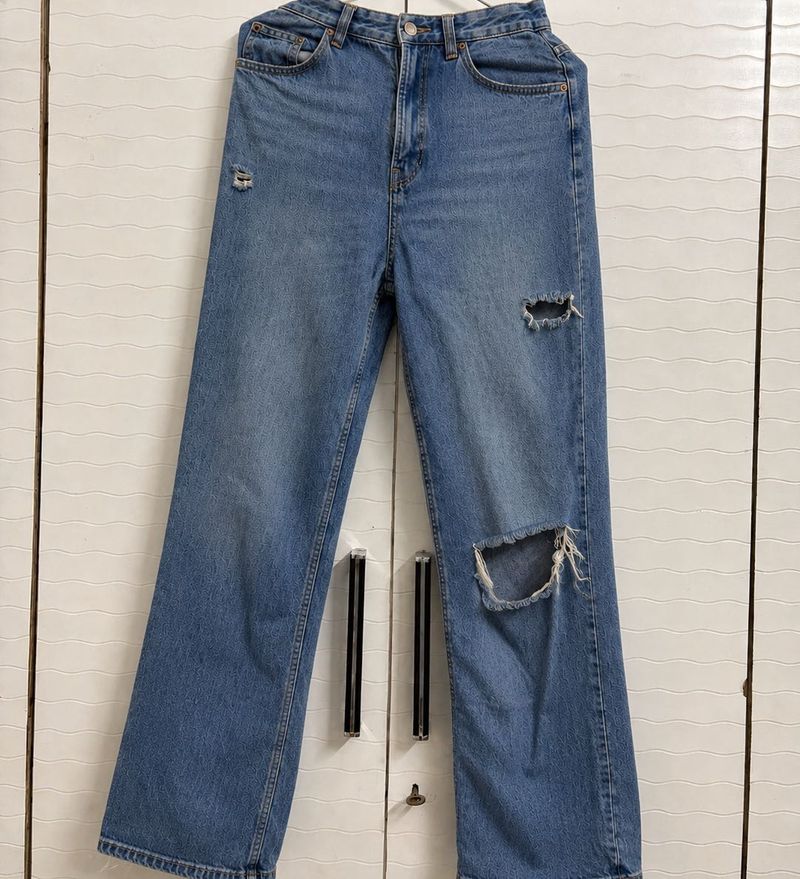 Trendy bershka  Ripped Wide-Leg Jeans waist _26-27