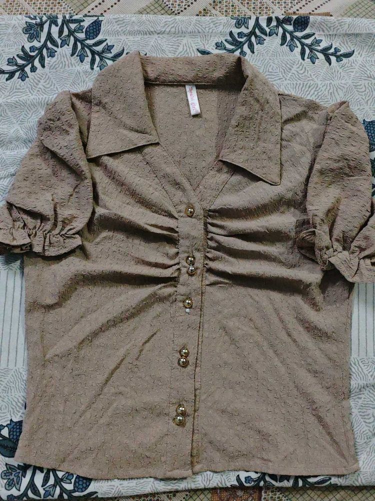 Chic Brown Textured Button-Up Blouse