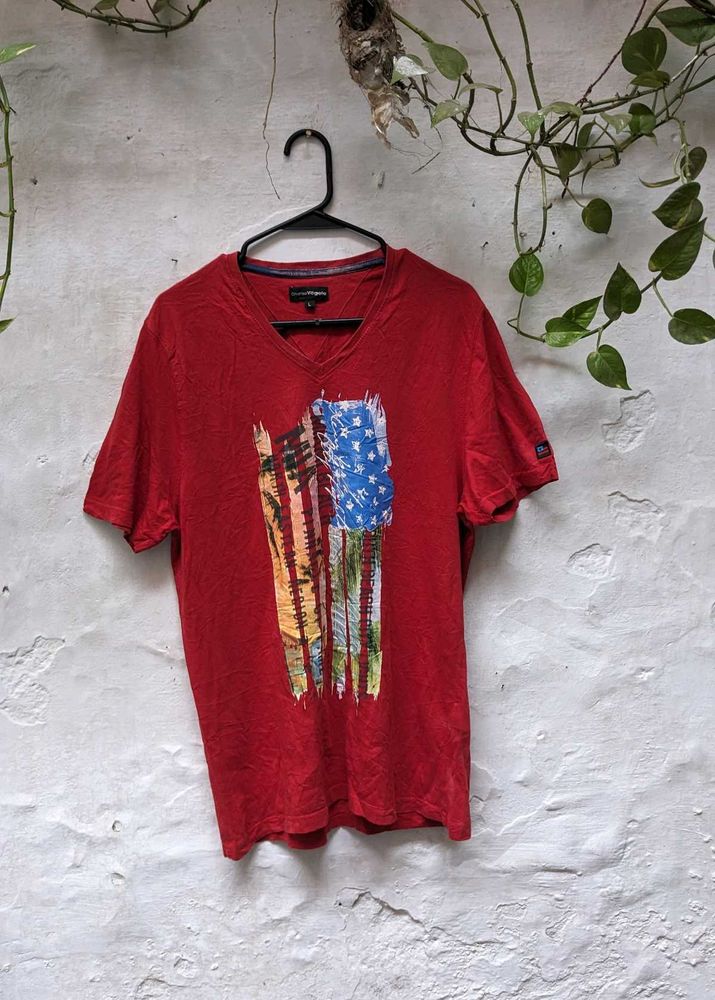 Men's Red V-Neck T-Shirt with American Flag Graphi
