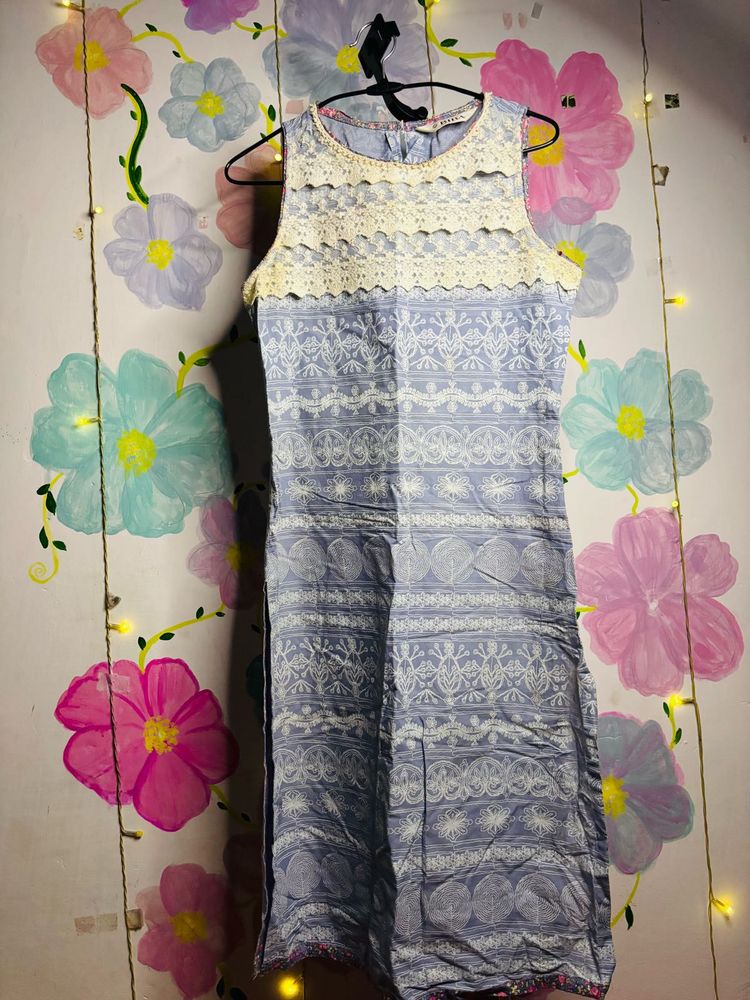 blue and White Printed Kurta