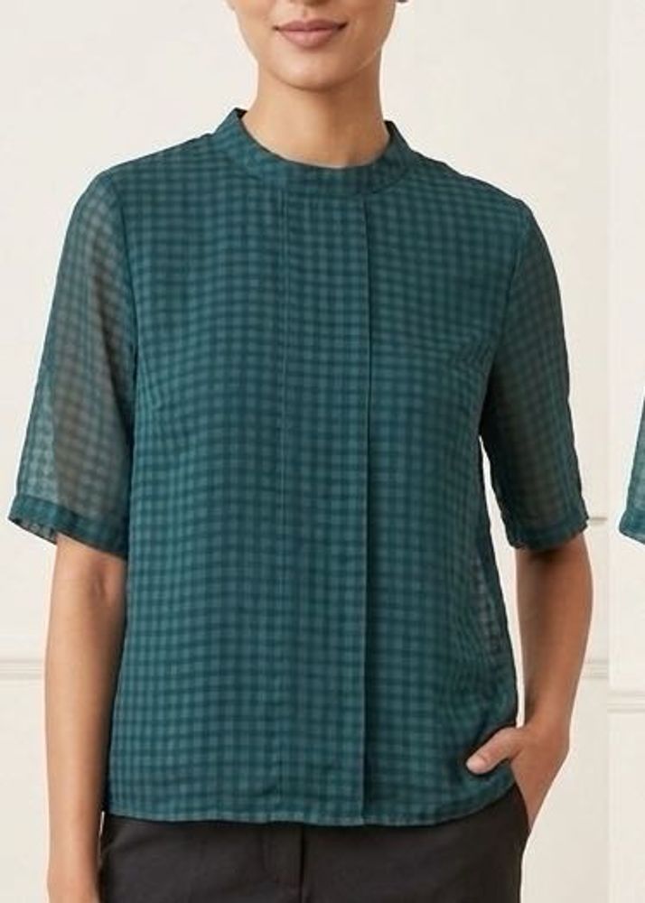 Elegant Teal Checkered Sheer Blouse