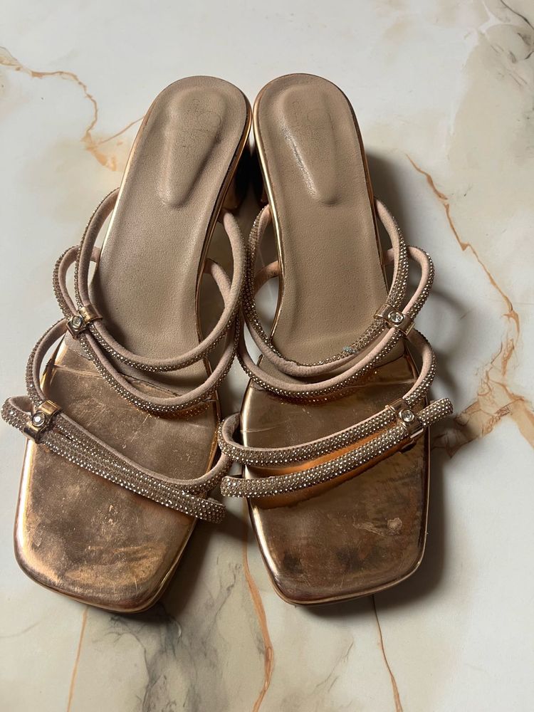 Rose Gold Embellished Block Heel Sandals