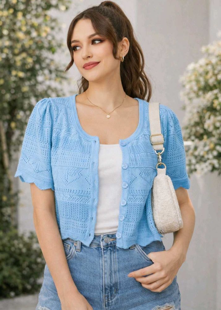 Blue Cropped Knit Cardigan