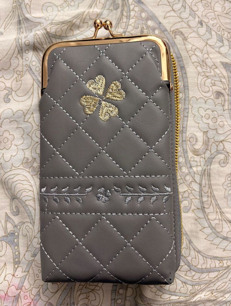 Quilted Grey Wallet with Clover Design