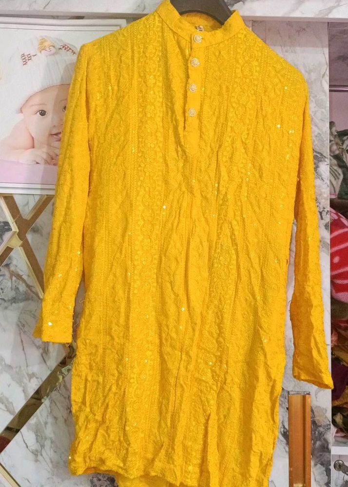 Beautiful Yellow Chikankari Kurta for men with pan