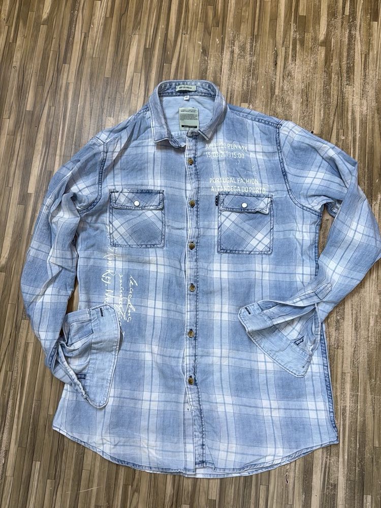 Light Blue Plaid Button-Up Shirt