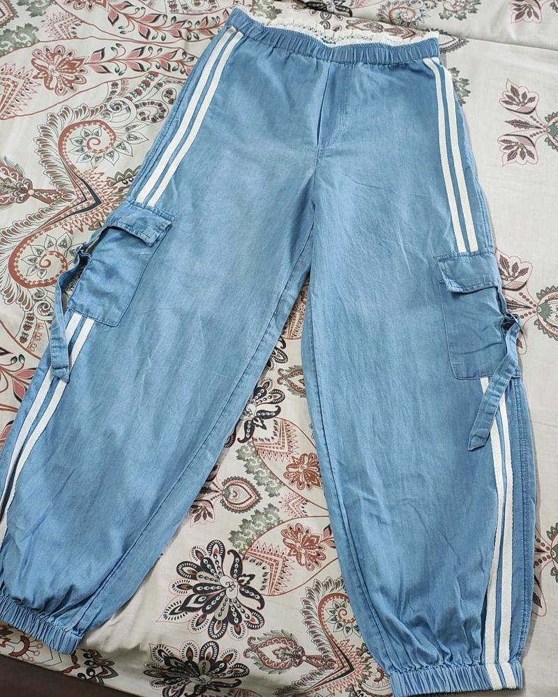Blue Cargo Pants with Side Stripes