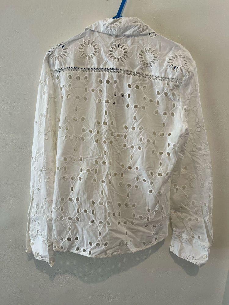 Zara White Eyelet Tie-Front Top