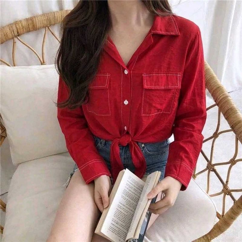 New with tag Chic Red Button-Up Crop Shirt