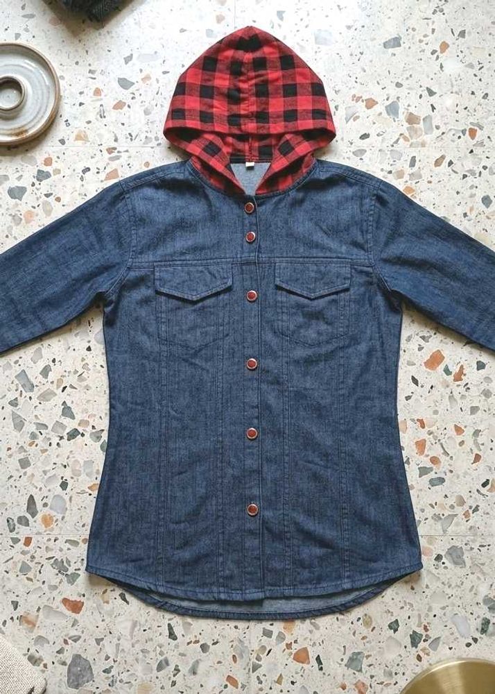 Denim Shirt with Red Plaid Hoodie